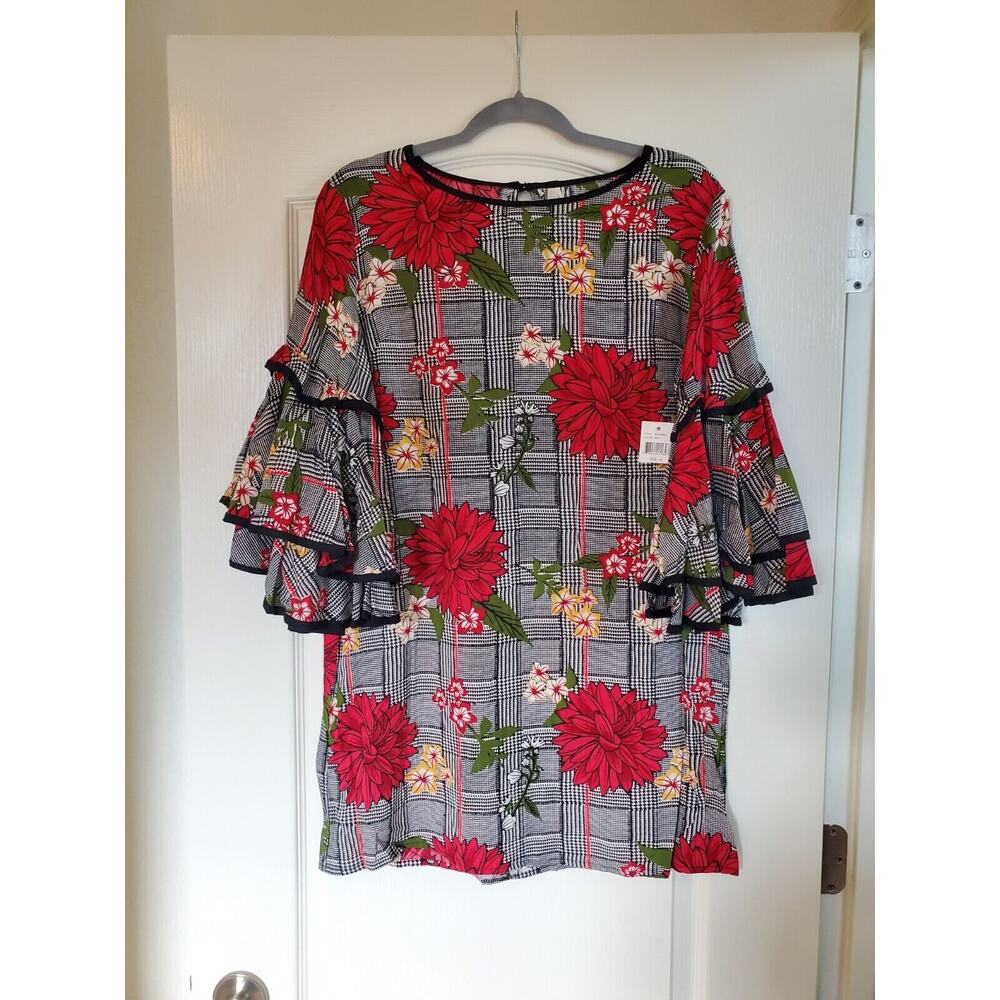 True Destiny Red Floral Houndstooth Print Shift Mini Dress NWT, Size Medium